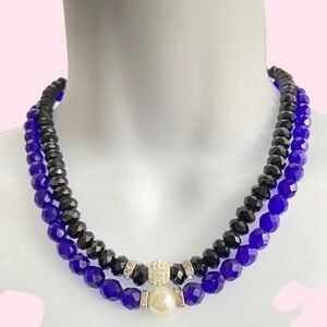 Blue & Black Faceted Glass Beads Necklace Pair Bundle